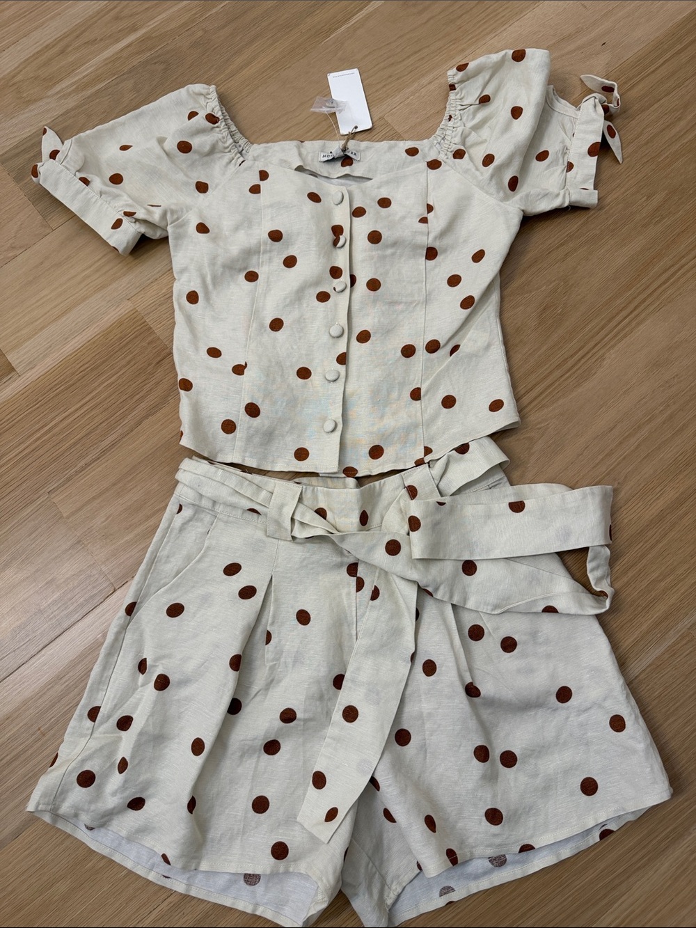 Moon River Cream Two-Piece Polka Dot Top and Shorts Set with Brown Dots